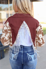 Red Abstract Print Sleeve Back Fringed Cropped Denim Jacket