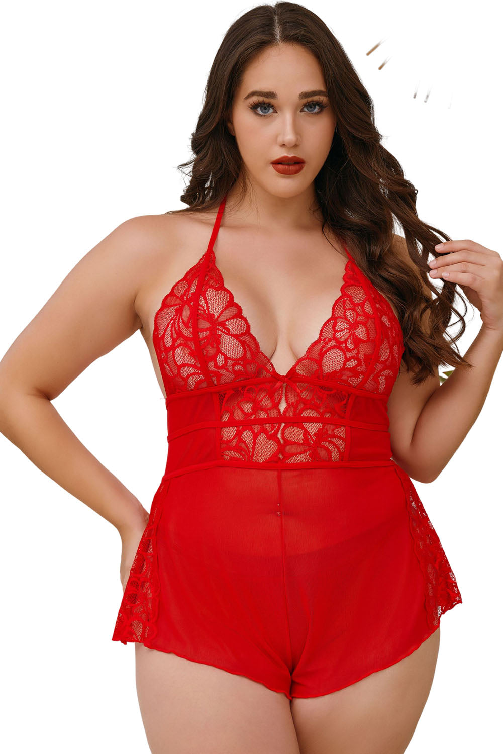 Red Plus Size Lace Backless Halter Neck Teddy Lingerie