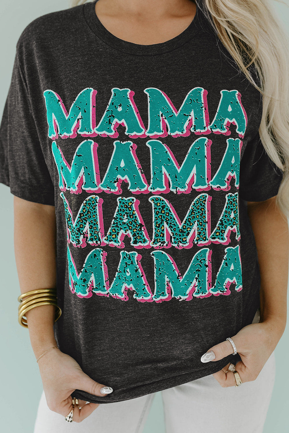 Black MAMA Letter Print Vintage Leopard Graphic T Shirt