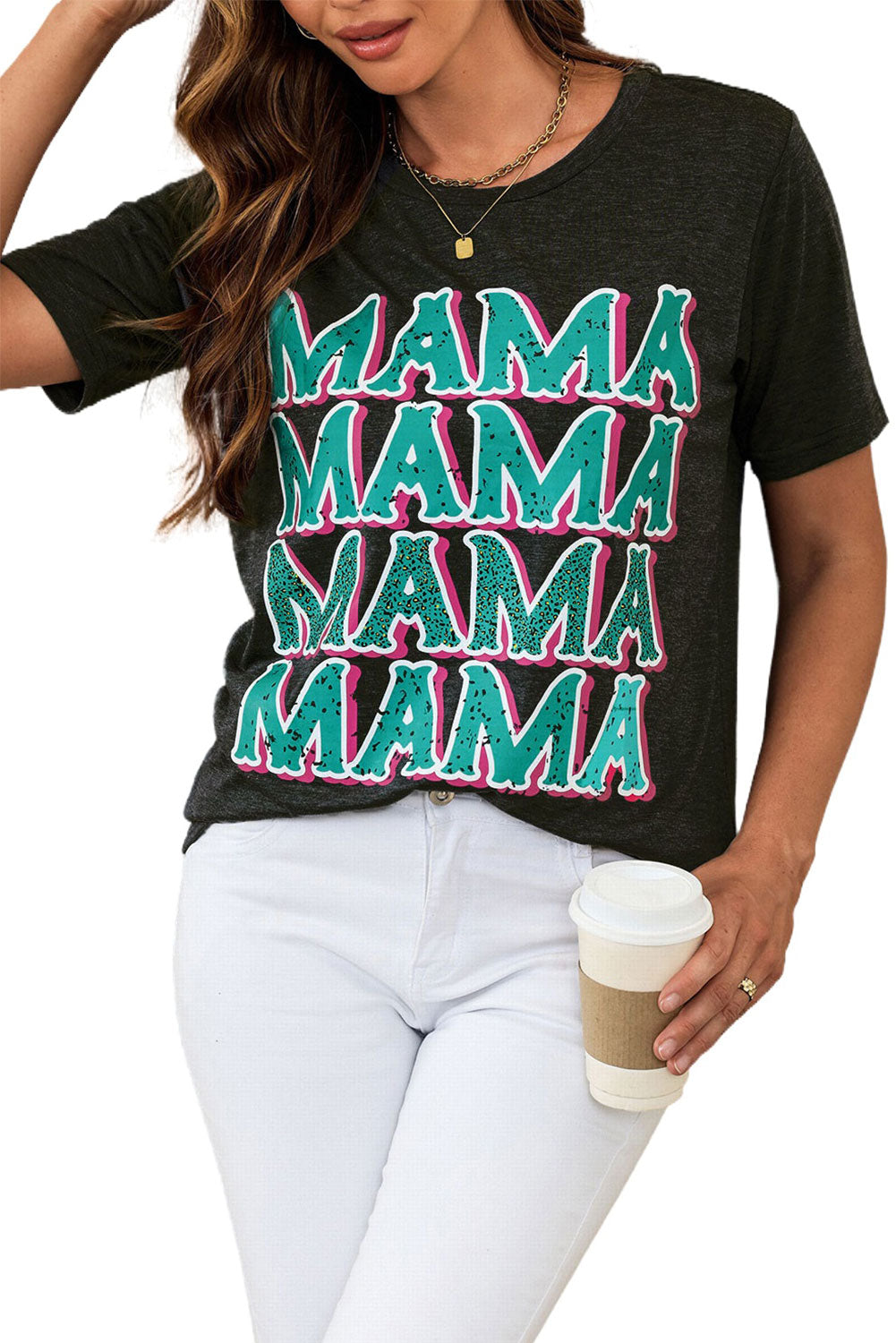 Black MAMA Letter Print Vintage Leopard Graphic T Shirt
