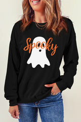 Black Halloween Spooky Ghost Print Crewneck Pullover Sweatshirt