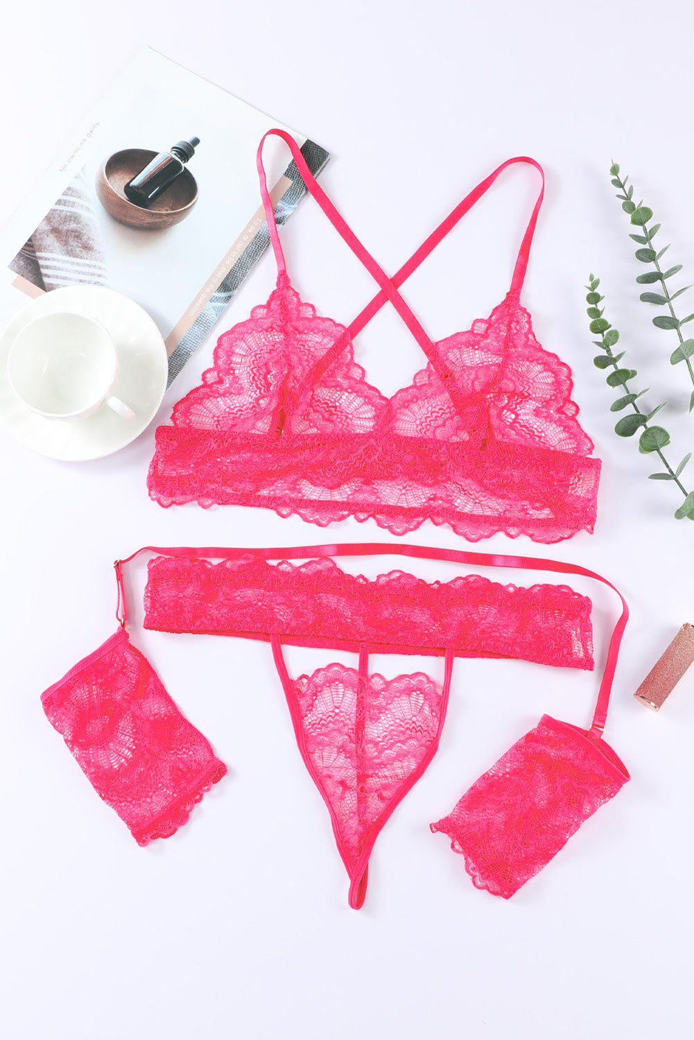 Pink Lace Hollow-out 3pcs Bralette Set with Cuffs