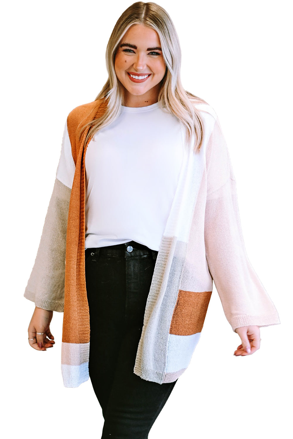 White Color Block Knit Plus Size Lightweight Cardigan