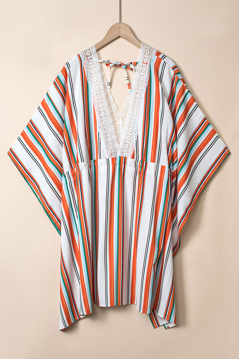 Multicolor Striped Lace V Neck Wide Sleeves Cinched Swimsuit Cover up