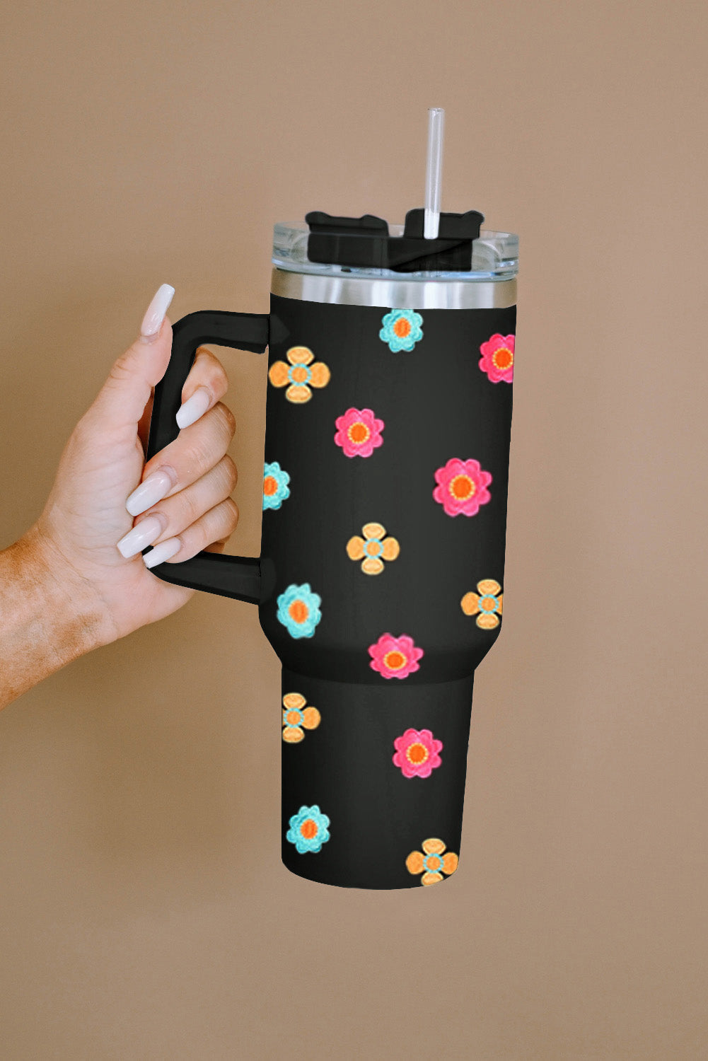 Black Cute Florets 304 Stainless Double Layer Thermos Cup