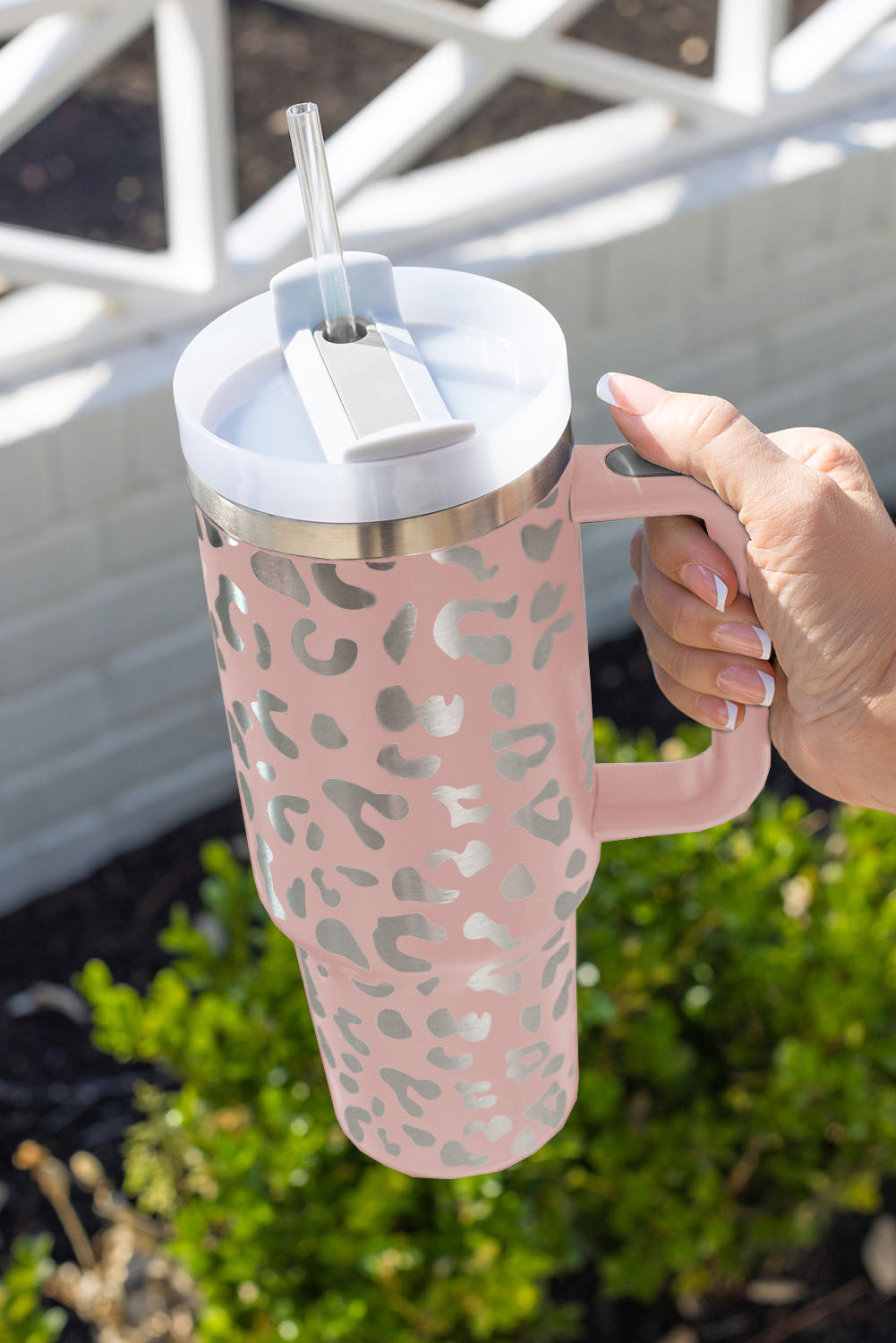 White Leopard Print 40OZ Stainless Steel Portable Cup with Handle