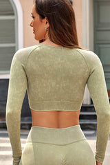 Green Ribbed Square Neck Long Sleeve Cropped Yoga Top