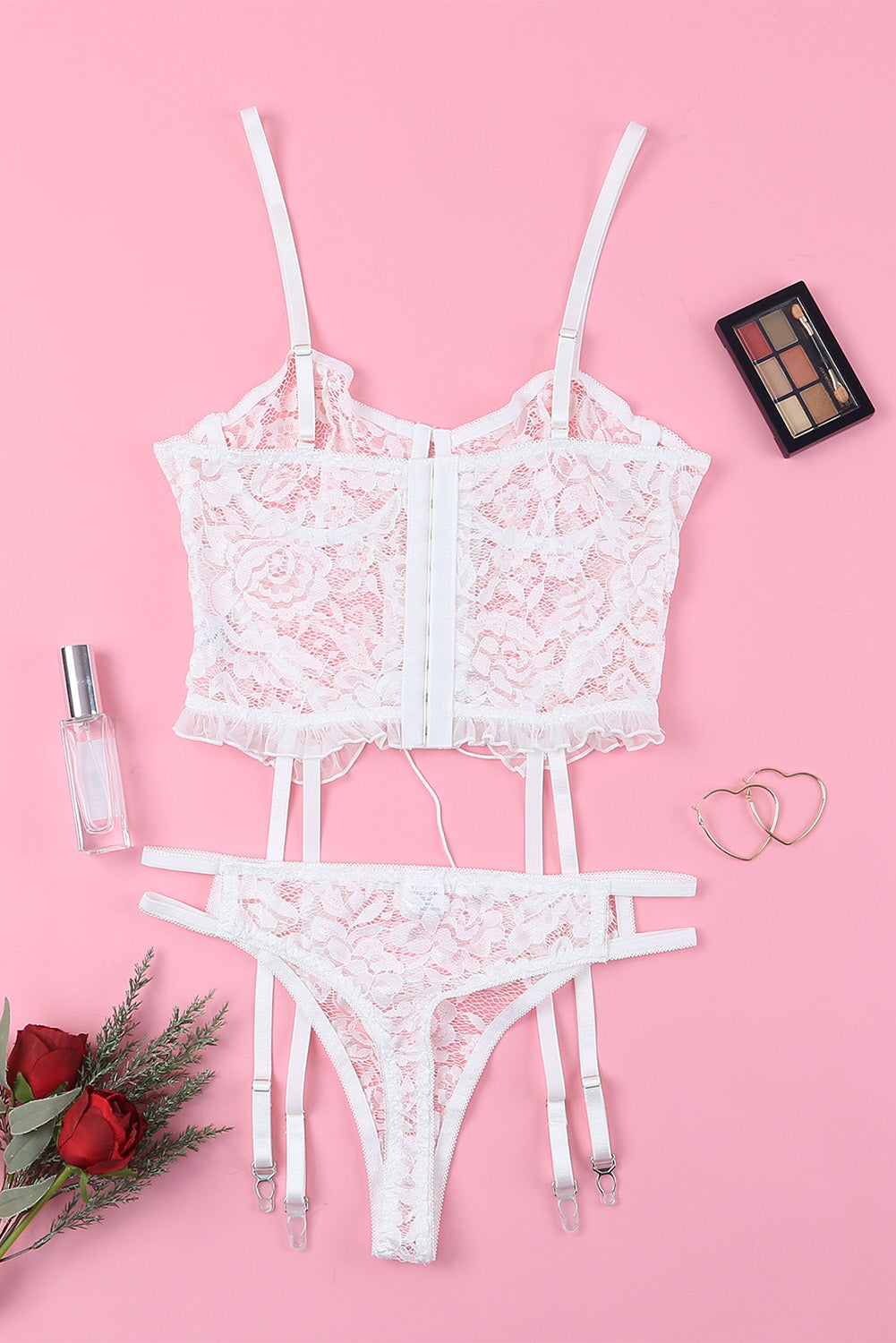 White Lace Criss Cross Lace-up Ruffled Two-piece lingerie set