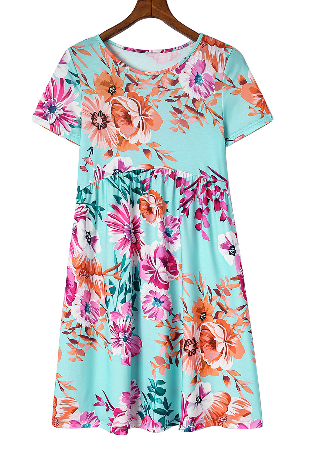 Sky Blue Short Sleeve High Waist Floral T-shirt Dress