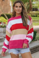 Red Mix Horizon Stripes Dolman Sleeve Sweater