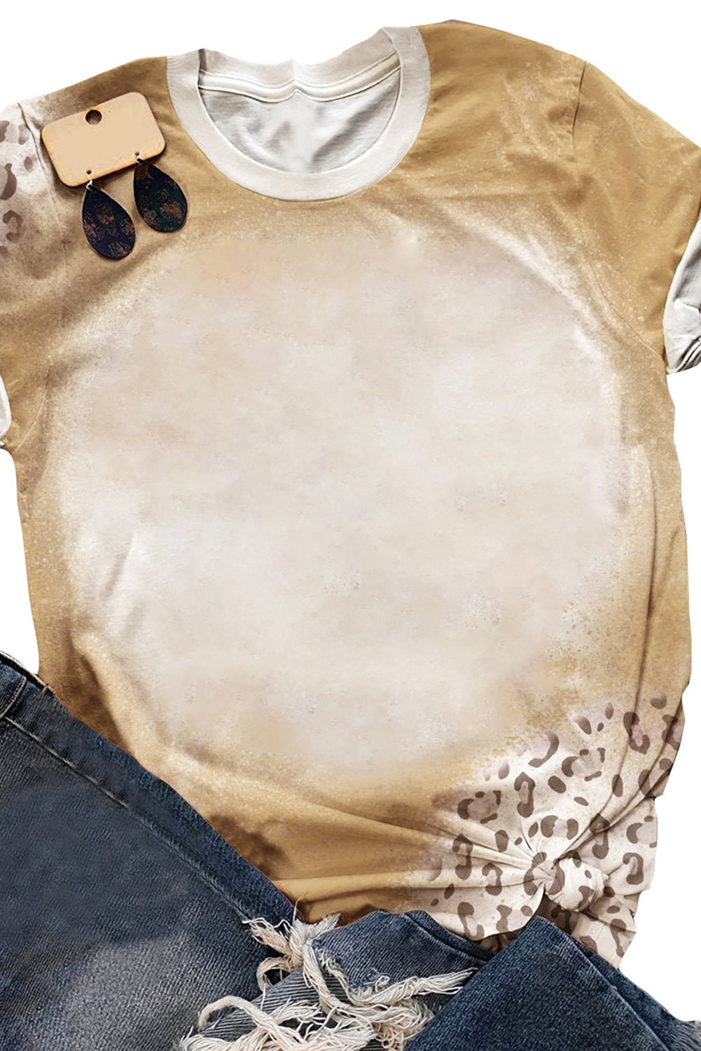 Khaki Bleached Leopard Print Crew Neck T Shirt