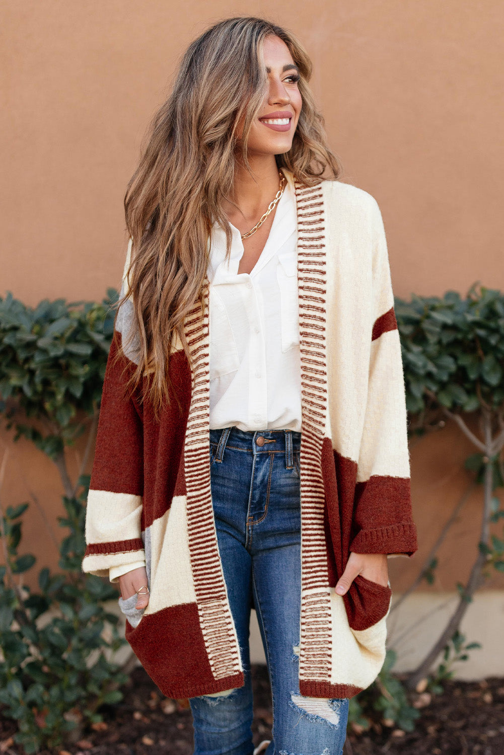 Red Chunky Block Pattern Knit Open Front Cardigan