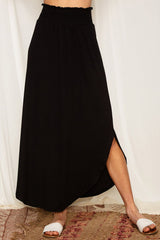 Black Smocked High Waist Maxi Skirt with Slit