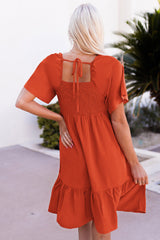 Orange Smocked High Waist Pocketed Ruffle Mini Dress