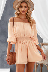 Apricot Ruffled Ruched High Waist Off Shoulder Romper