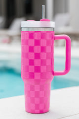 Dark Pink Checkered Print Handled Stainless Steel Tumbler Cup 40oz