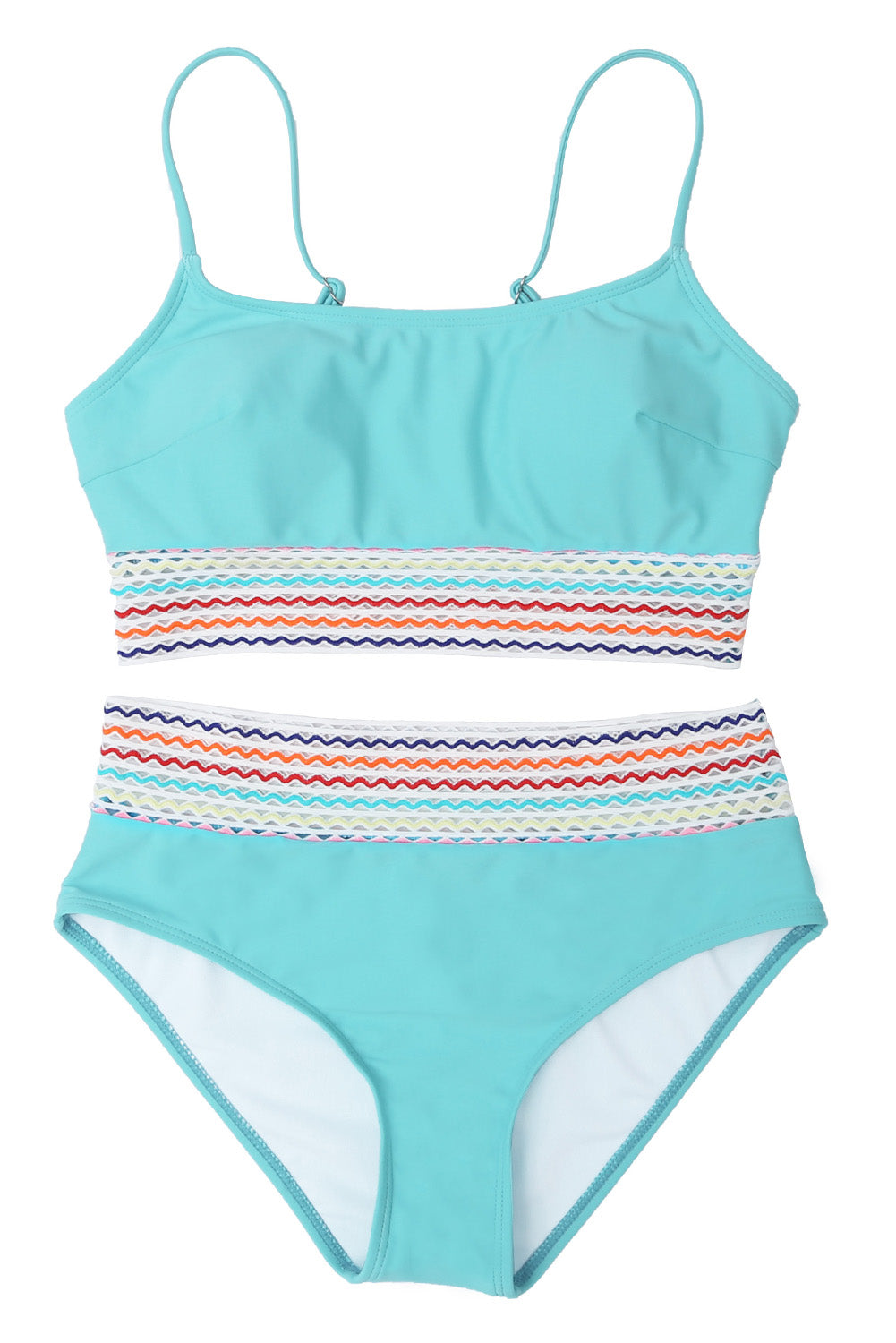 Sky Blue Striped Patchwork Spaghetti Strap High Waist Bikini Swimsuit