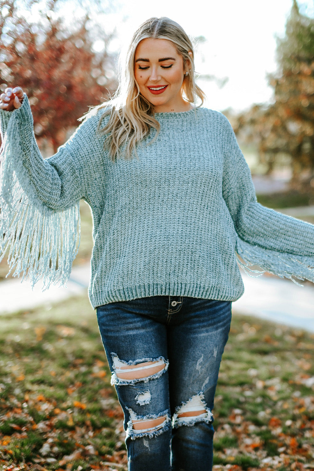 Gray Plus Size Fringed Long Sleeve Knit Sweater
