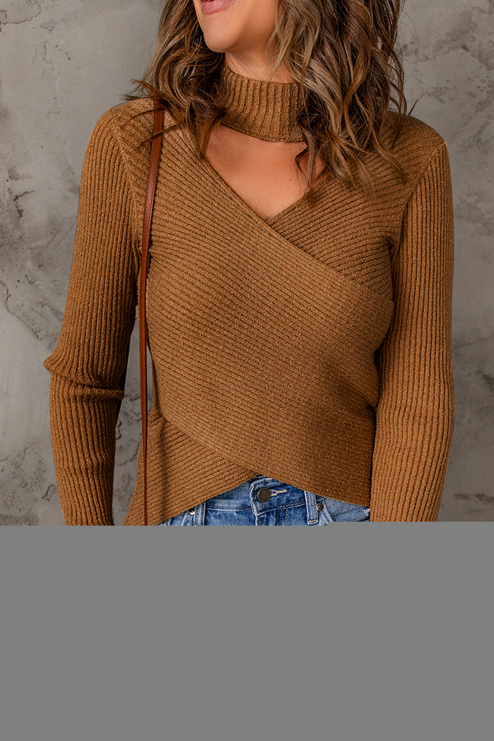 Khaki High Neck Hollow-out Crossed Wrap Knit Sweater
