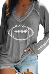 Gray Game Day Soccer Graphic Print V Neck Long Sleeve Top