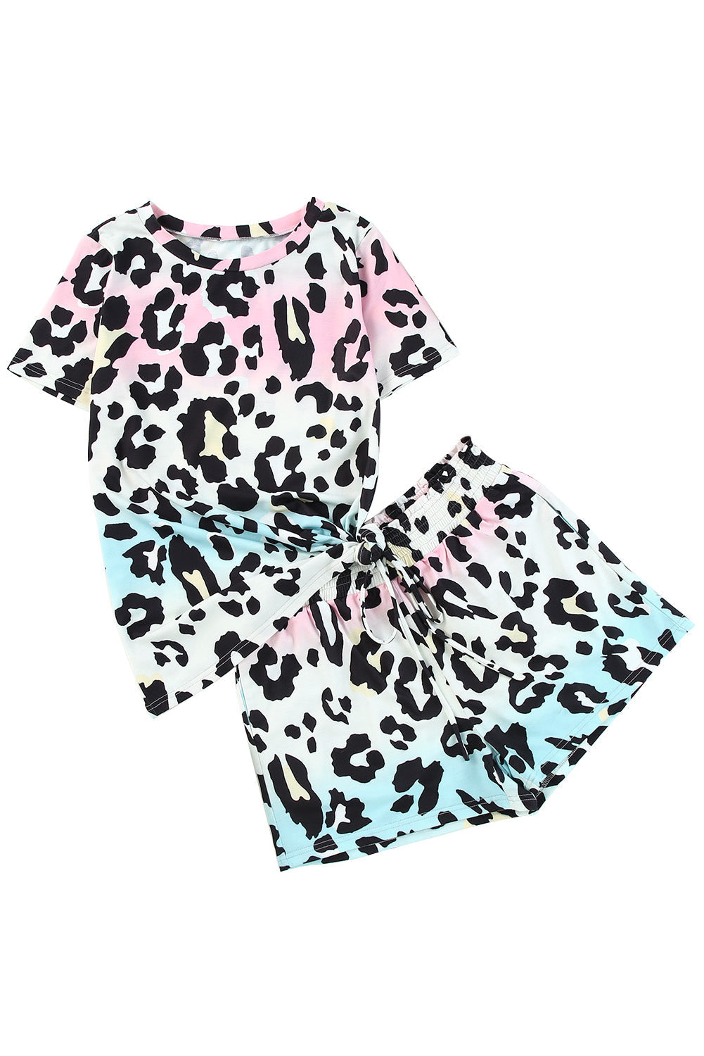 Leopard Tie Dye Print Short Sleeve Lace-up Waist Plus Size Lounge Set