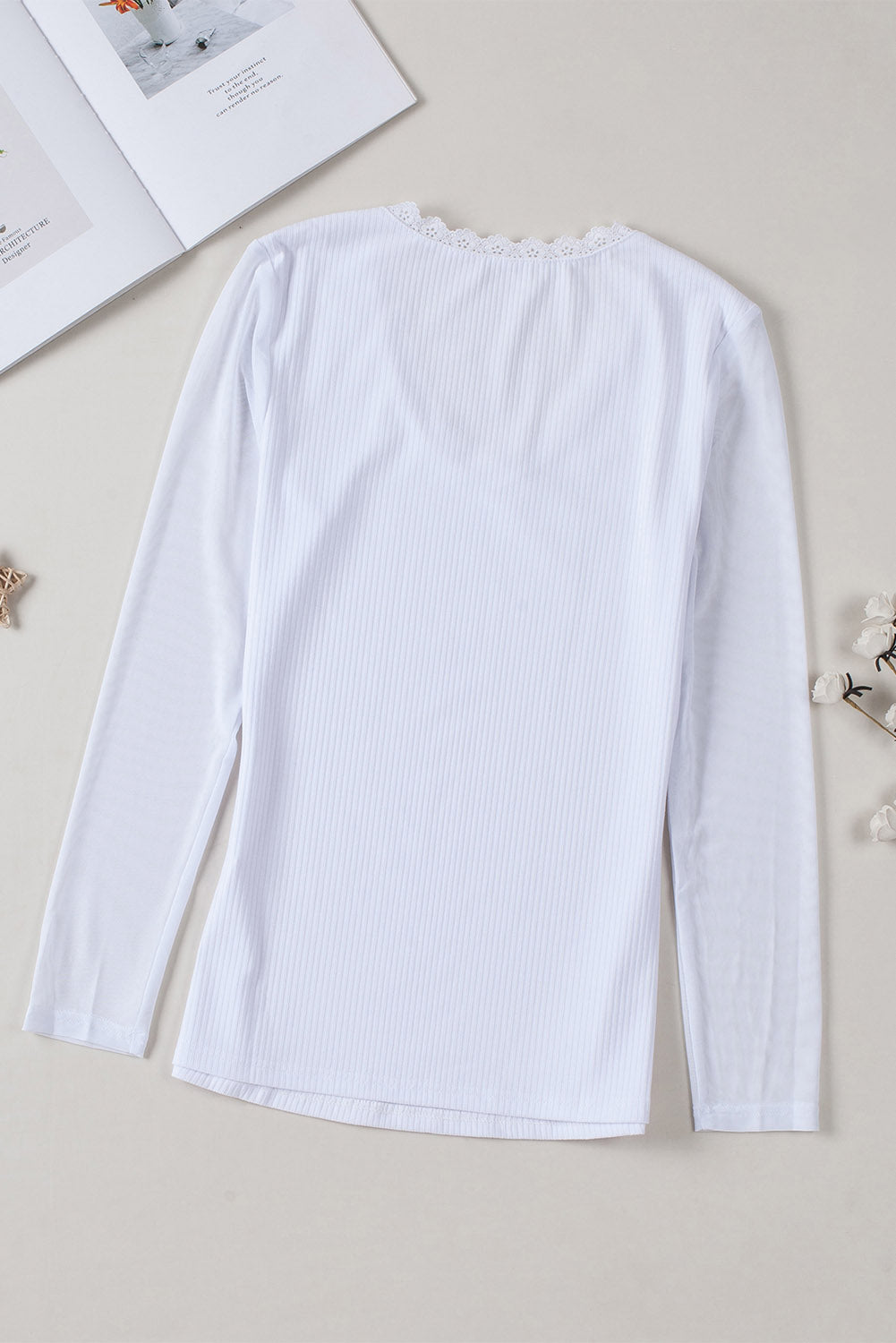 White Lace Trim Round Neck Mesh Sleeve Ribbed Top