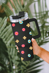 Black Cute Florets 304 Stainless Double Layer Thermos Cup