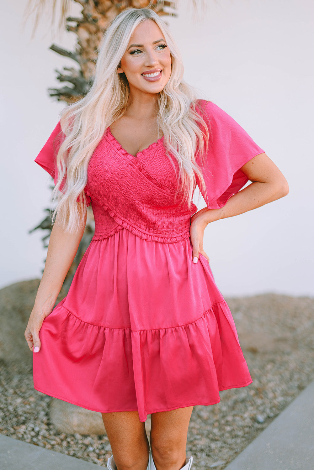 Rose Crossover Smocked Flutter Sleeve Mini Dress