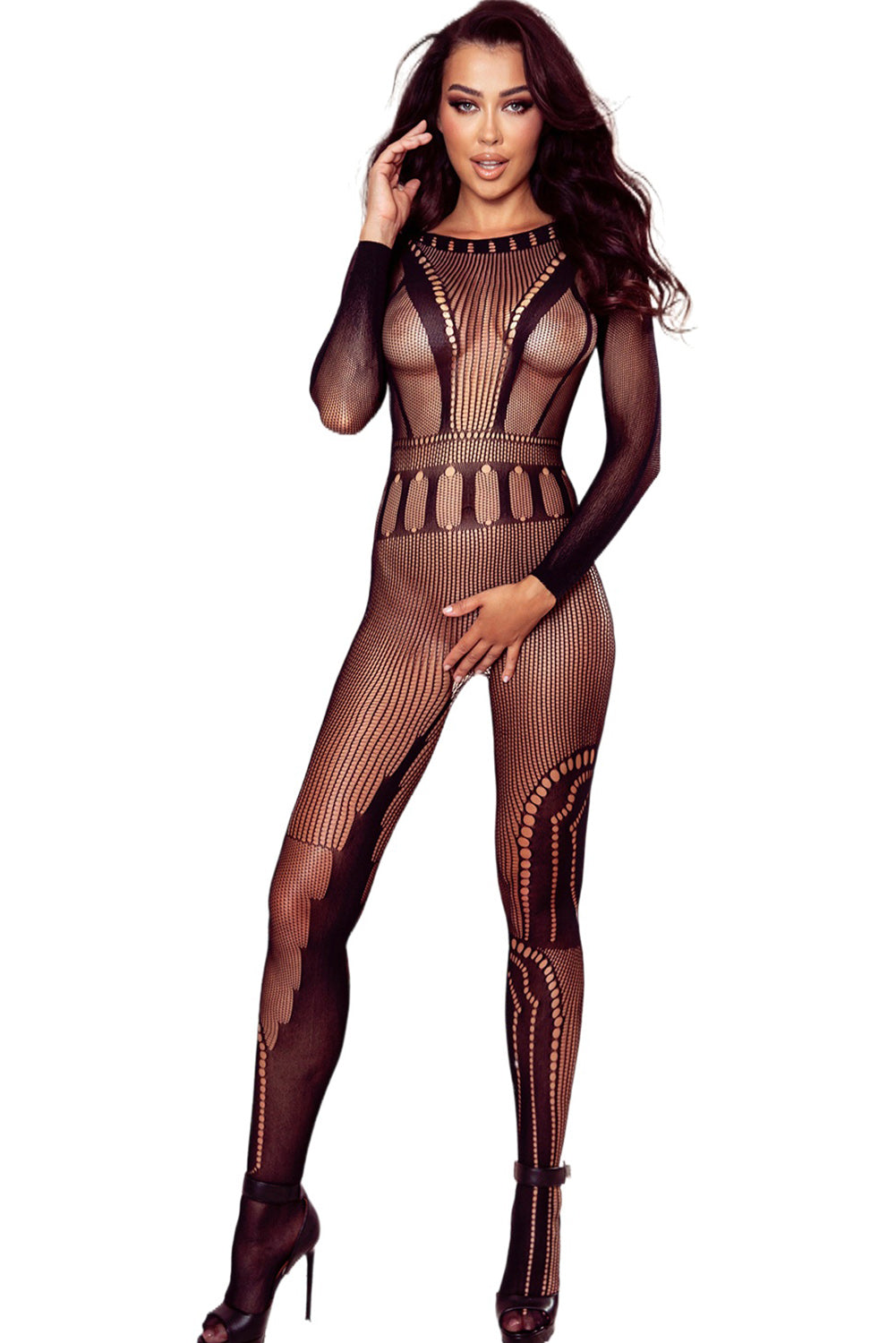 Black Hollow-out Long Sleeve Body Stocking