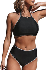 Black Contrast Binding High Waist Halter Bikini Set