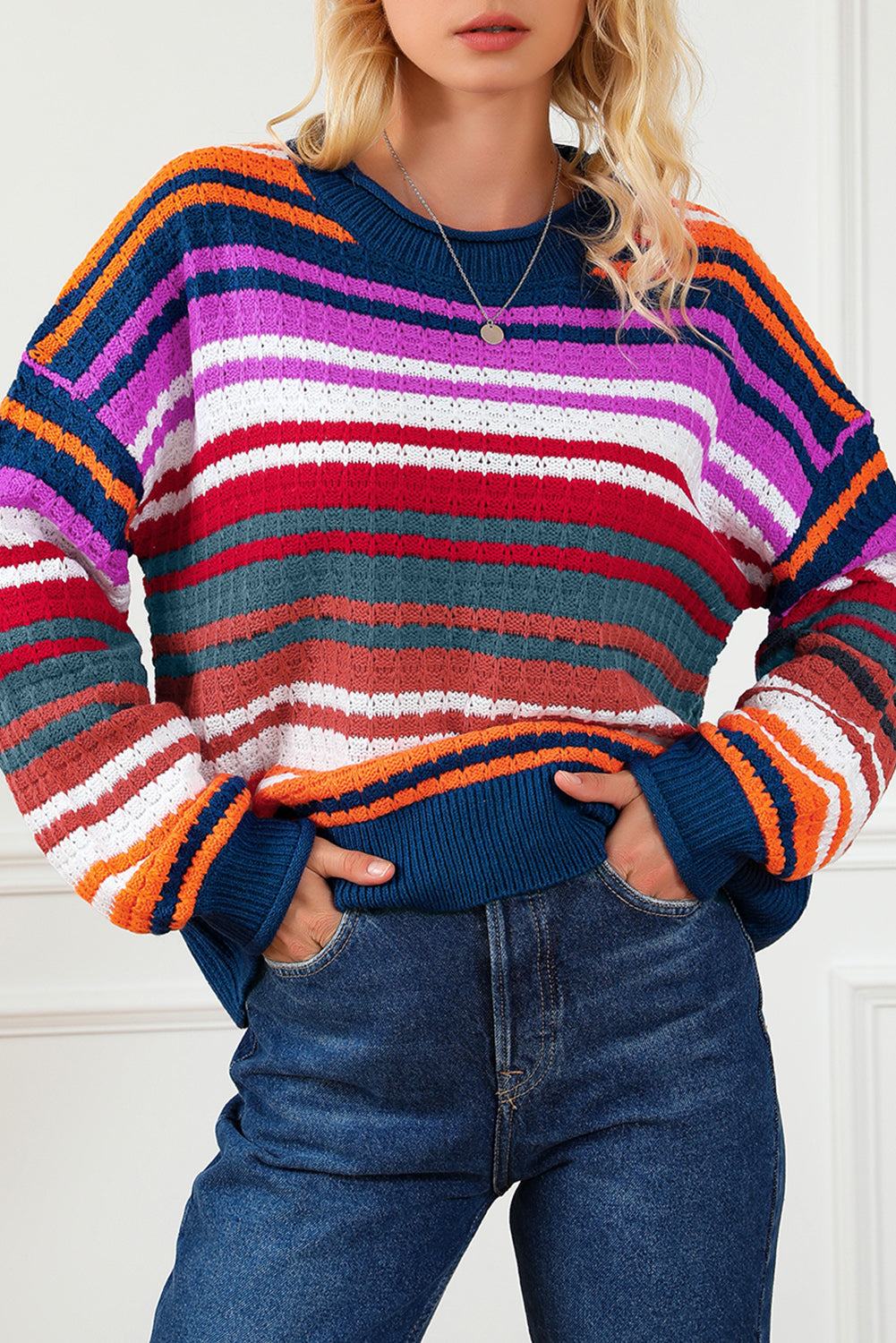Stripe Boho Fashion Drop Shoulder Baggy Sweater
