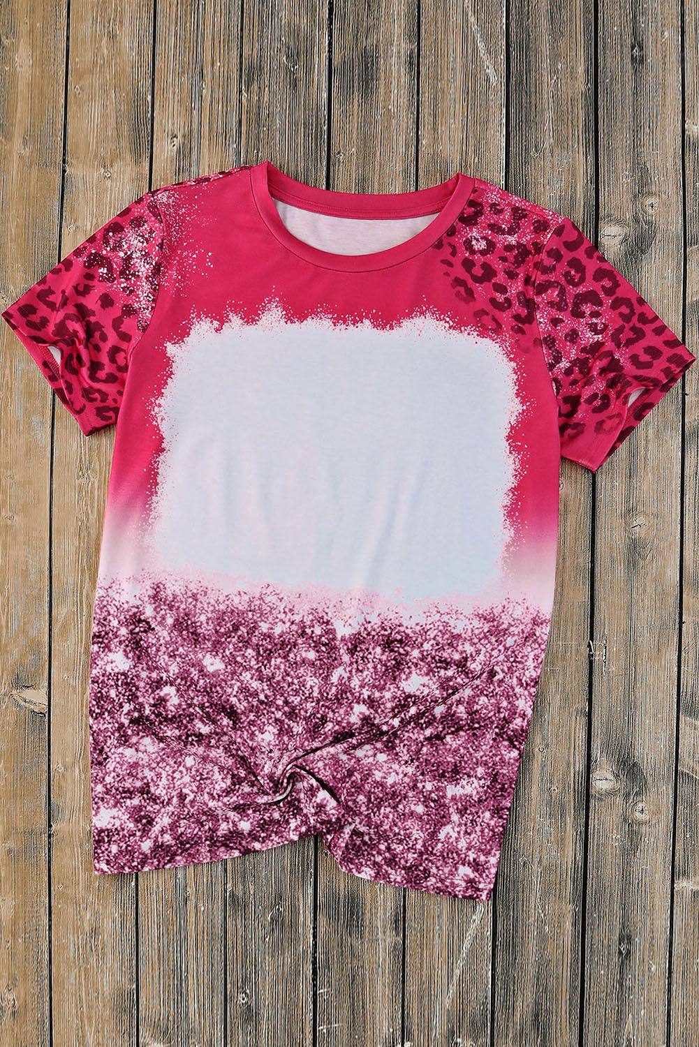 Pink Leopard Blank Bleached Graphic Print Short Sleeve T Shirt