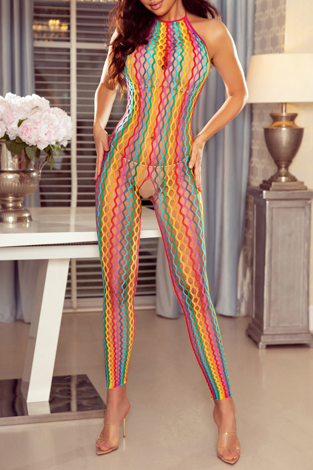 Multicolor Striped Hollow Out Backless Halter Bodystocking