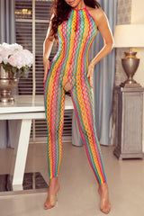 Multicolor Striped Hollow Out Backless Halter Bodystocking