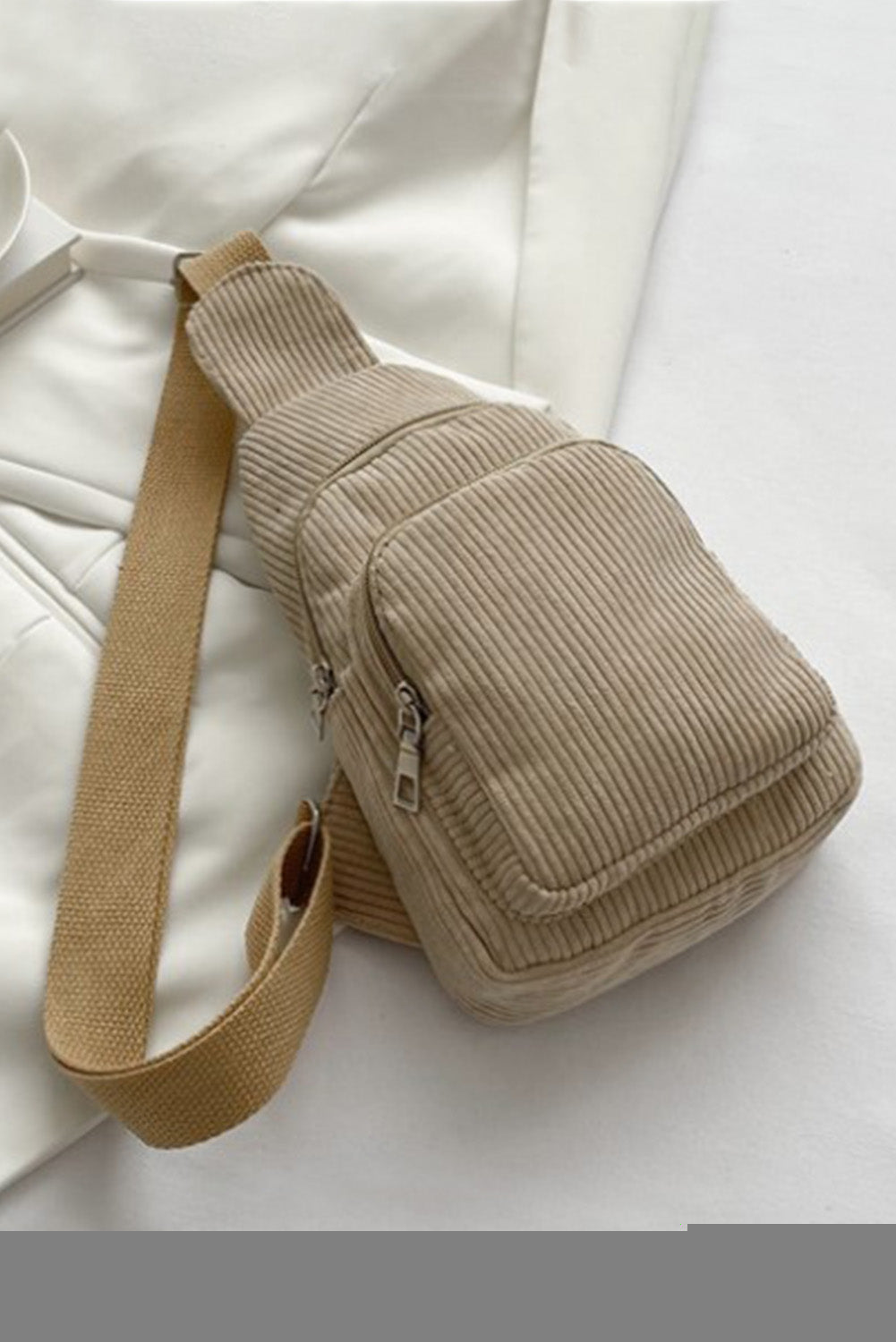 Khaki Double Zip Pocket Corduroy Shoulder Bag