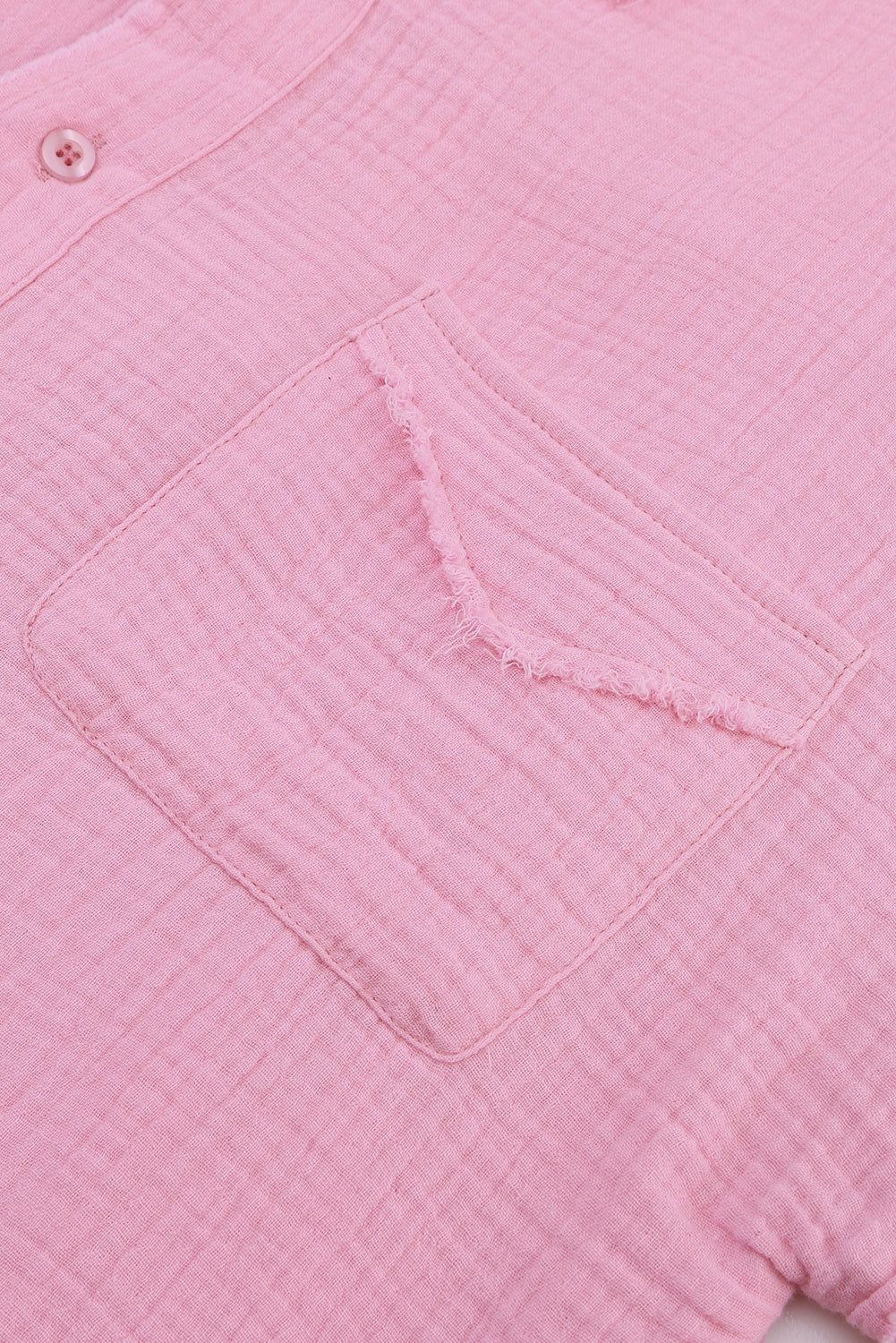 Pink Crinkle Frayed Long Sleeve Shirt and Casual Shorts Set