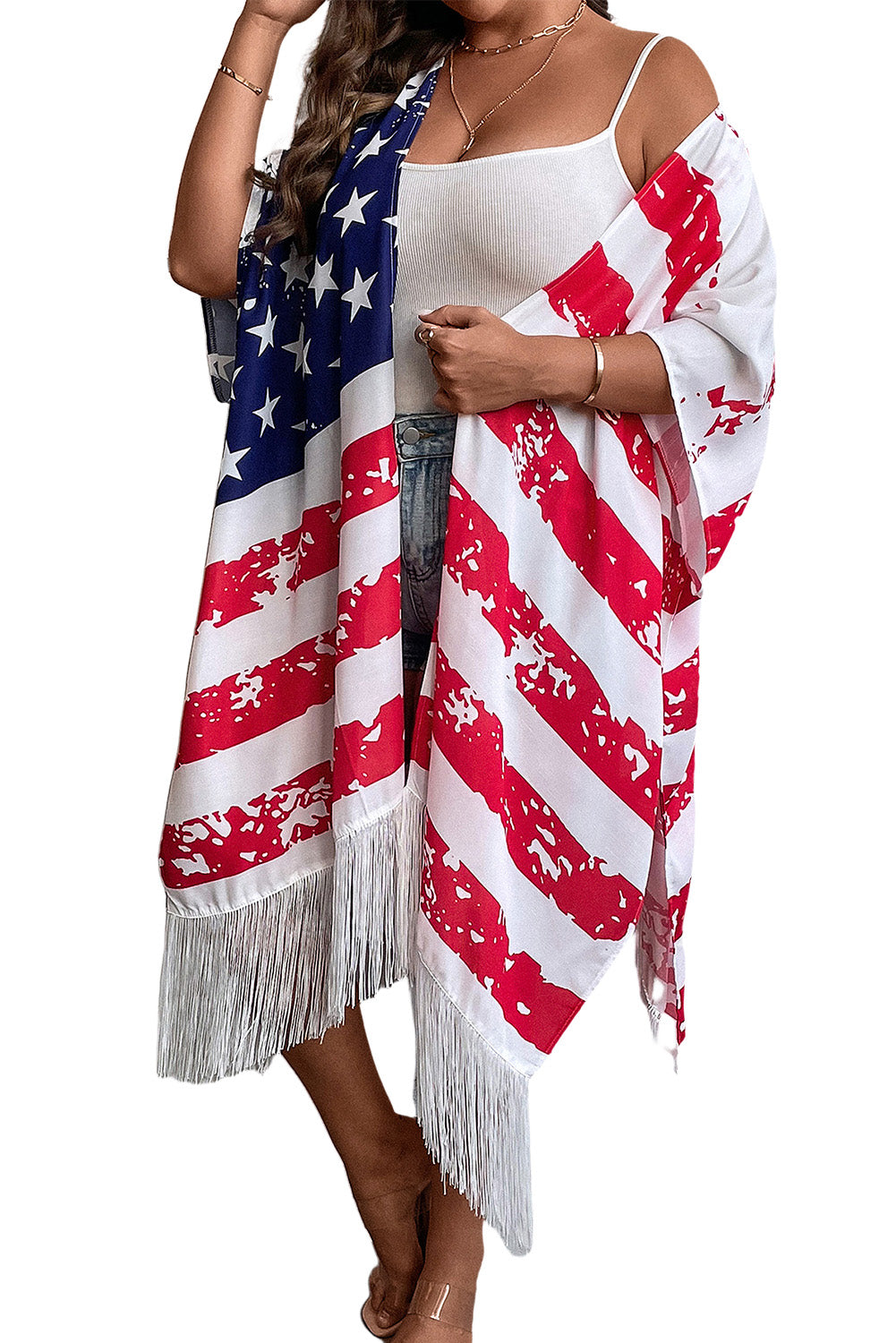 Multicolor Plus Size American Flag Tasseled 3/4 Sleeve Cardigan