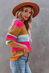 Rose Color Block Knitted Buttoned V Neck Sweater