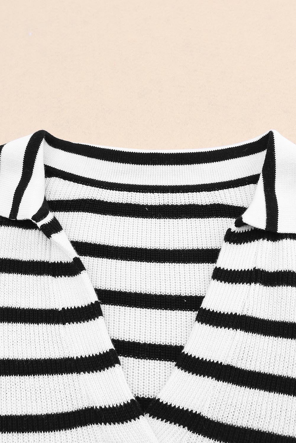 Stripe Collared V Neck Lightweight Knit Casual Sweater