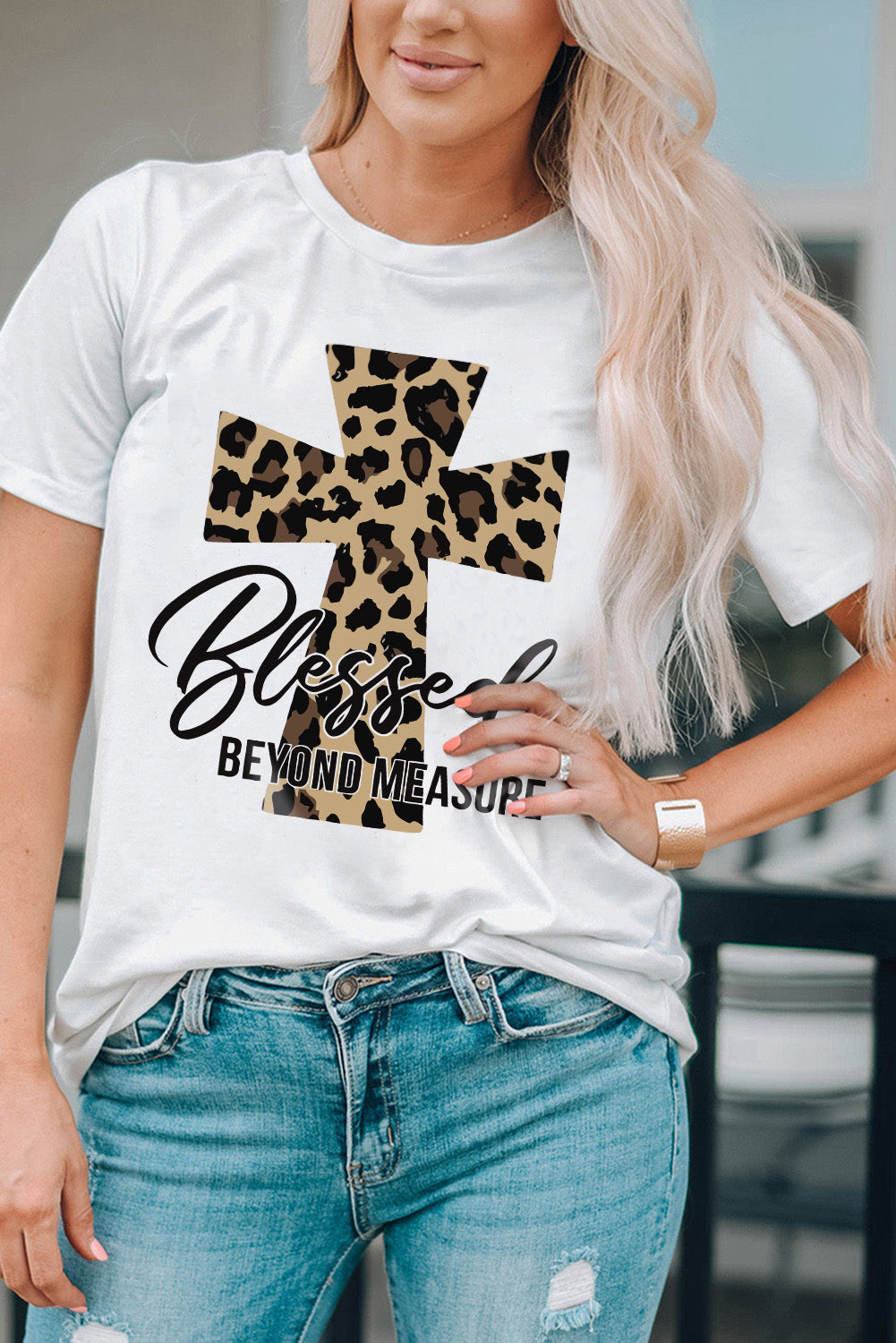 White Blessed Leopard Cross Graphic T Shirt