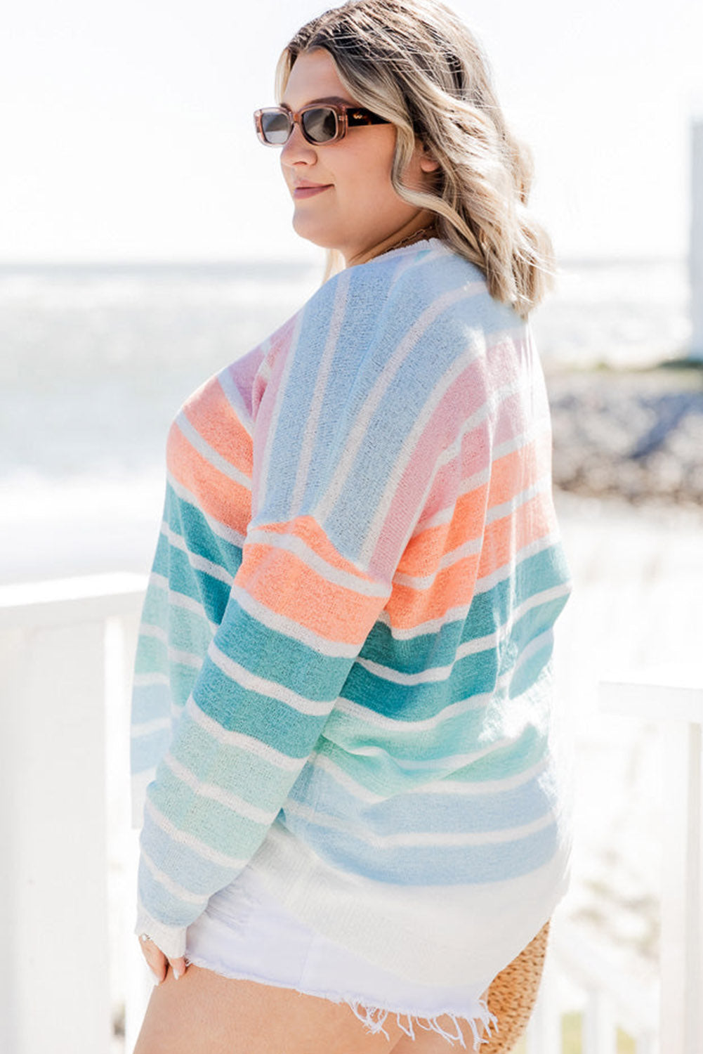 Multicolor Striped Long Sleeve Crewneck Plus Size Sweater
