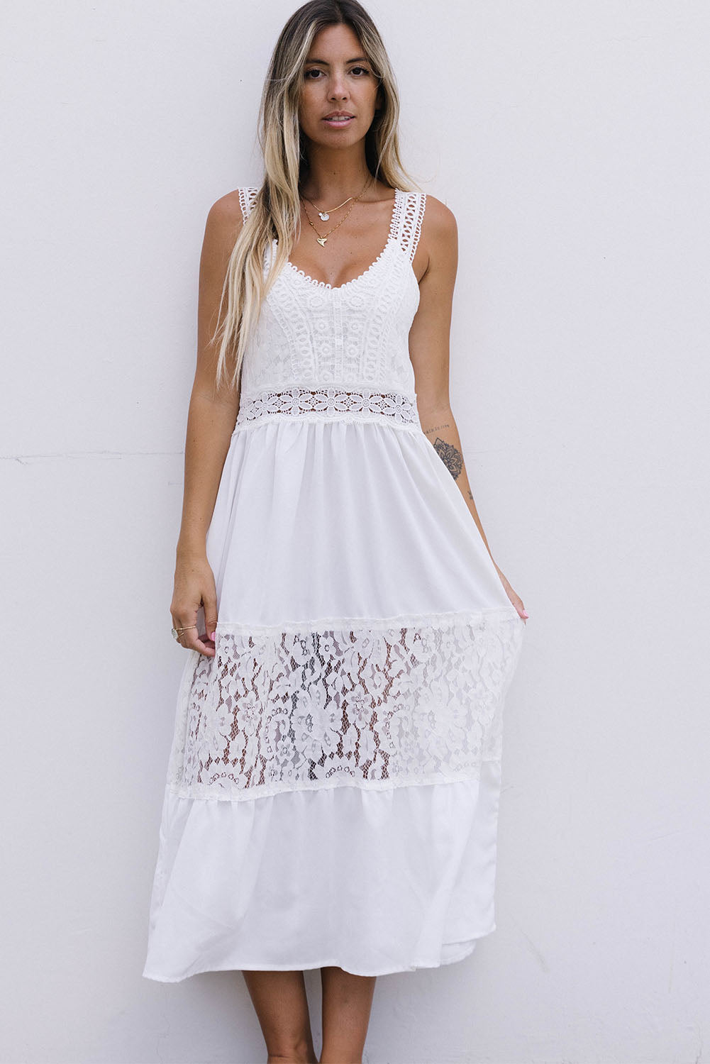 White Floral Lace Tiered Patchwork Sleeveless Dress