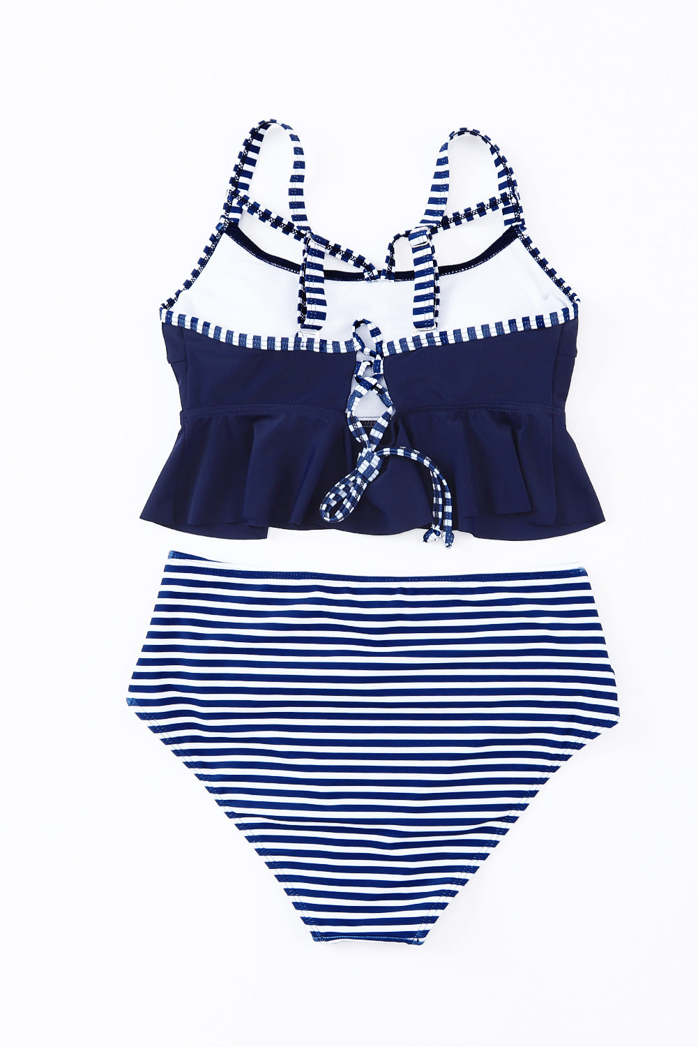 Blue Cutout Ruffle Crop Top and Striped High Waist Bikini Set