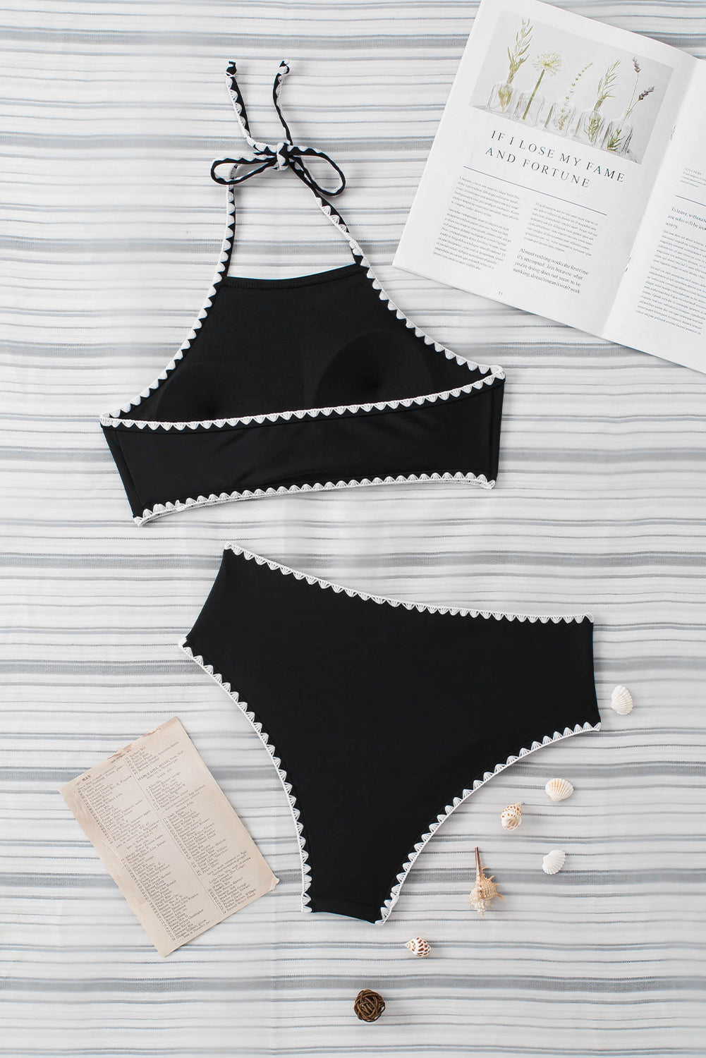 Black Contrast Binding High Waist Halter Bikini Set
