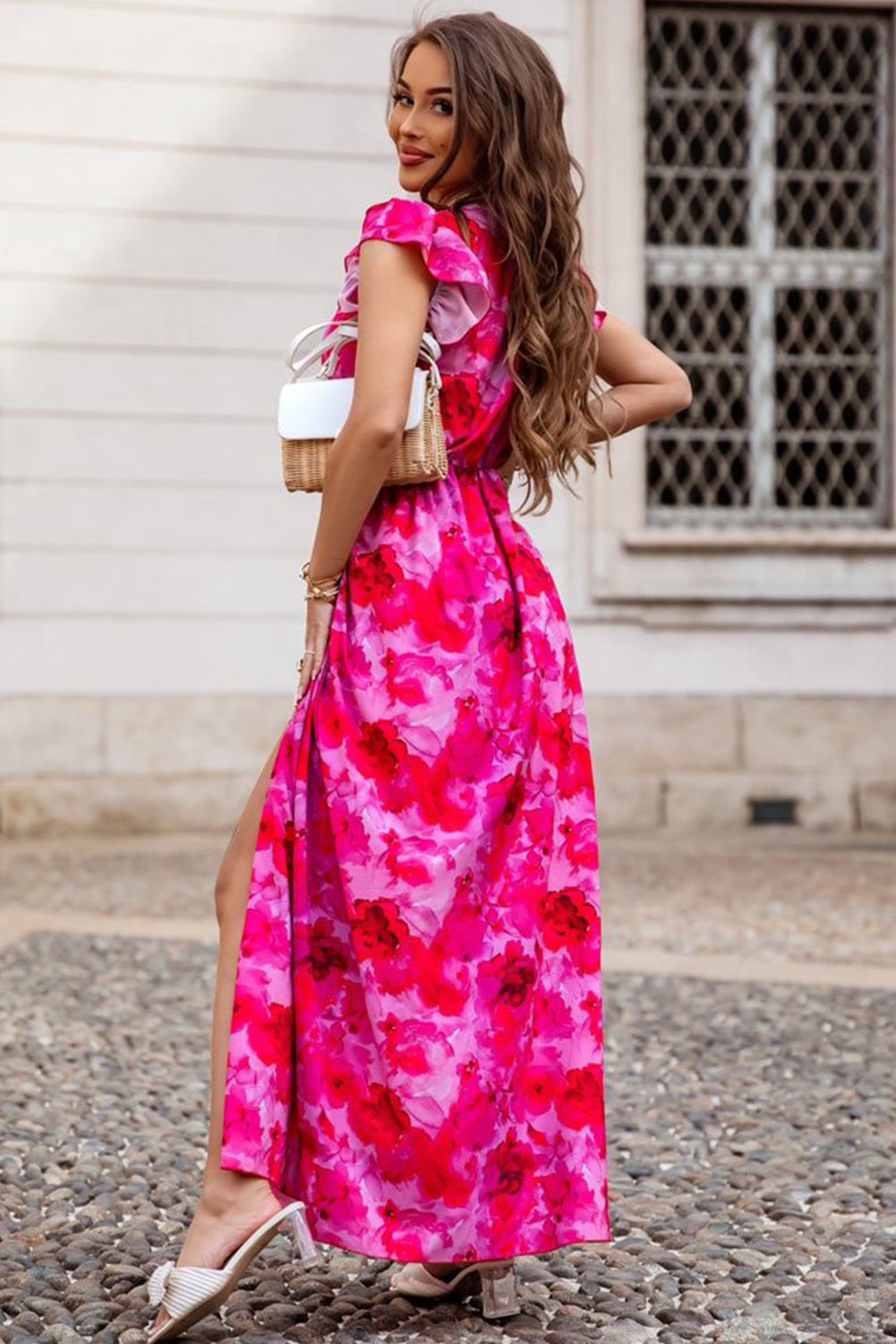 Rose Ruffled Sleeve Floral Print Empire Waist Maxi Dress with Split