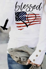 White Blessed American Flag Buttoned Long Sleeve T Shirt