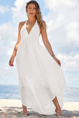 White Halter Neck Deep V Backless Asymmetric Maxi Dress