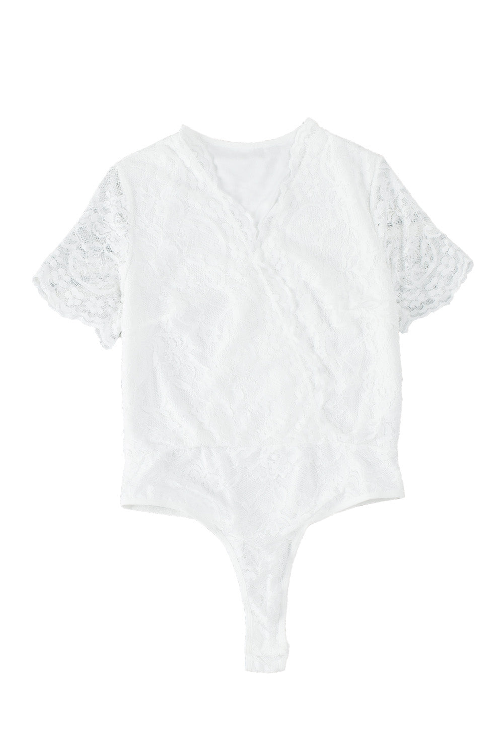 White Lace Scalloped V Neck Wrap Short Sleeve Bodysuit