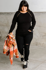 Black Plus Size Solid Buttons Long Sleeve Top