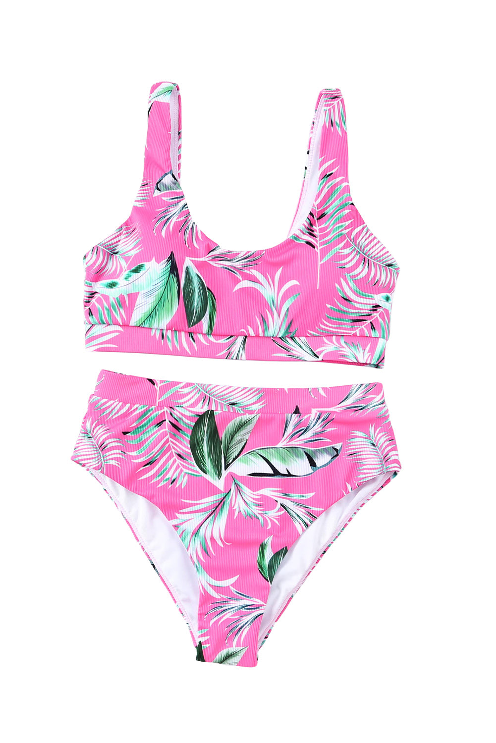 Rose Scoop Neck Tropical Ribbed High Waist Bikini